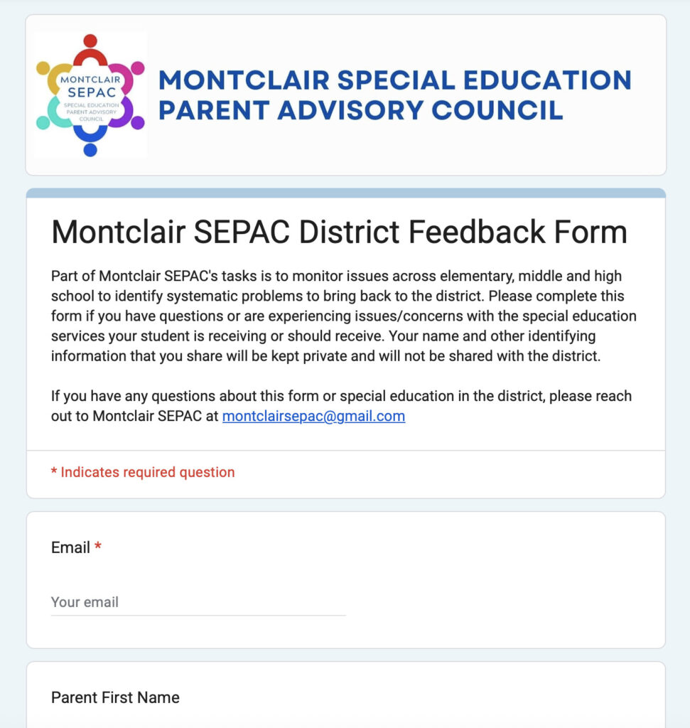 Montclair Special Education District Feedback Form
